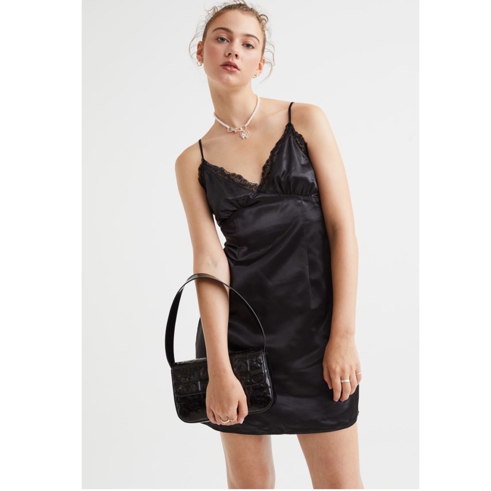 H&M Divided black satin lace-trim cami slip dress